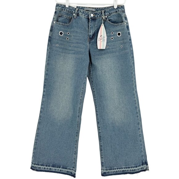 Cali 1850 Women's Wide-Leg Raw Hem Grommet Blue Denim Jeans Size 11/30 NWT - Picture 1 of 12